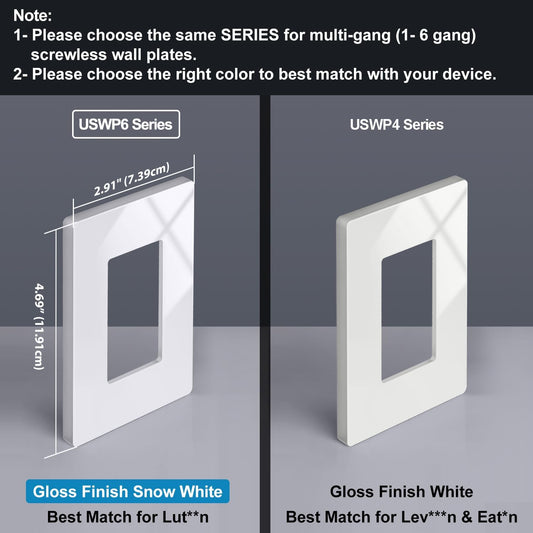 10 Pack of 1-Gang Screwless Wall Plate, USWP6 Gloss Snow White Series, Decorator Outlet Cover, 11.91cm x 7.39cm, Switch Plate Cover for Light Switch, Dimmer, GFCI, USB Receptacle