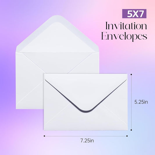 50PACK 5x7 Envelopes for Invitations, White A7 Envelopes for Wedding, Graduation, RSVP Cards, Gummed V Flag 5 1/4 x 7 1/4 inch