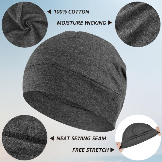 100% Cotton Beanie Hat, 2-Pack Unisex Skull Cap Helmet Liner for Running Cycling Skiing Sleeping Chemo Headwear