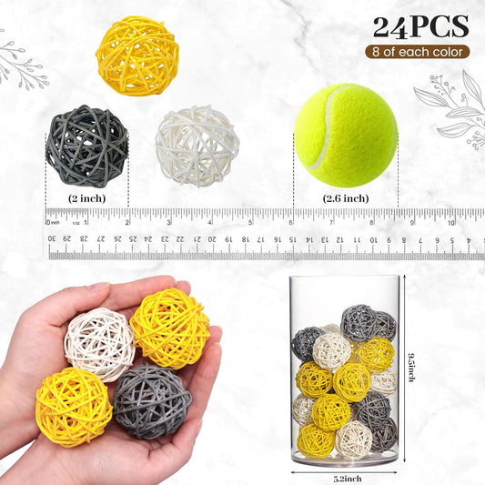 24PCS Yellow Decorative Balls for Bowl Centerpiece, 2 Inch Rattan Bowl Fillers - Wicker Twig Orbs Spheres for Yellow Kitchen Home Decor Vase Table Scatters