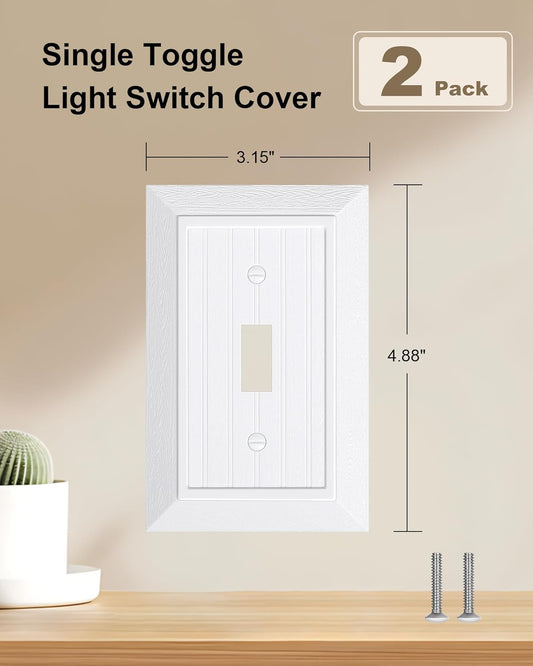 2-Pack Classic Beadboard Single Toggle Light Switch Cover Plate, Unbreakable Polycarbonate Decorative Switch Plate Covers, Pure White 1 Gang Wall Plate