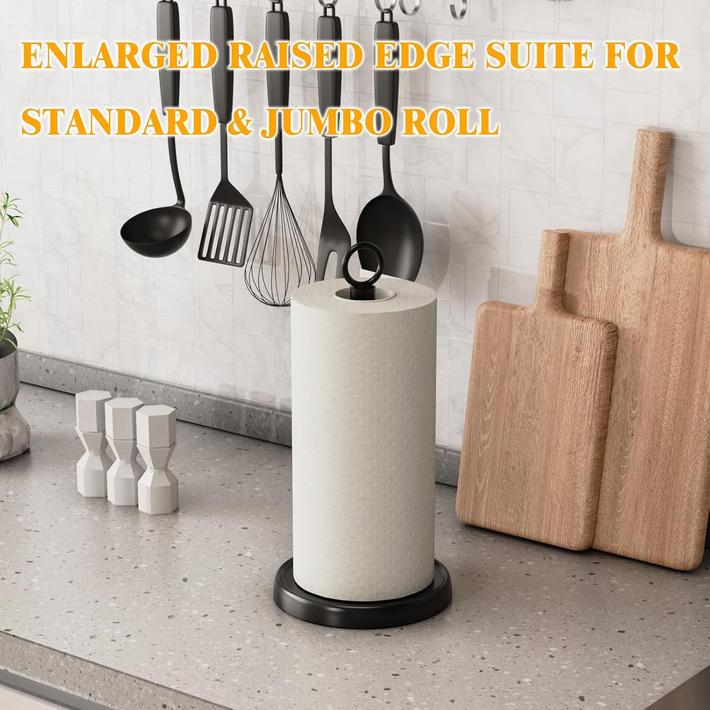 Black Paper Towel Holder Countertop, One-Handed Tear, Stainless Steel, Weighted Base, Ring Paper Towel Holder Stand with Ratchet System for Kitchen Farmhouse Essentials Decor