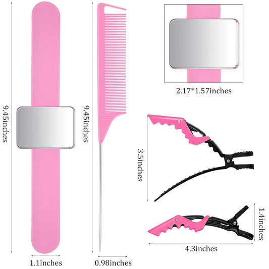 10 Pcs Hair Styling Tools Set Magnetic Gel & Silicone Wristband for Stylists and Braiders, Wrist Strap, 3 Rat Tail Combs and 6 Plastic Clips(Pink Wrist Strap)