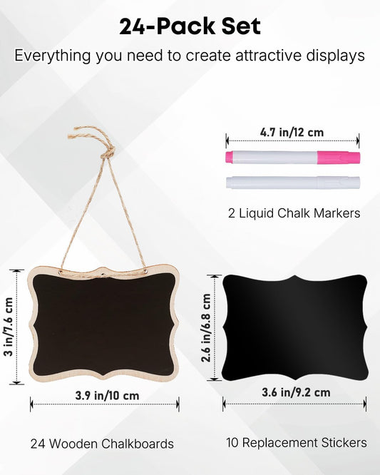 24 Pack Mini Chalkboard Signs for Food, Small Chalkboard Signs with Strings Chalk Markers & Replacement Stickers, Hanging Chalkboards Sign Reusable Wooden Food Labels for Party Buffet Wedding