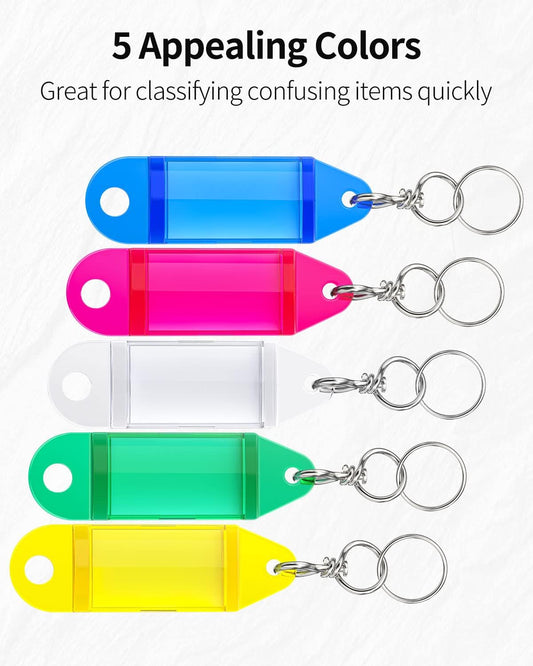 25 Pack Crystal Clear Tough Plastic Key Tags with Swivel Split Ring Label Window Assorted Colors
