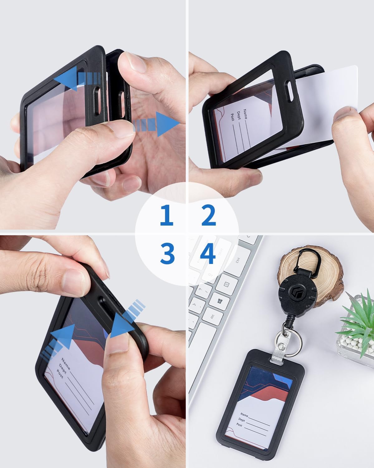 Heavy Duty Retractable Keychain with Magnetic Closure Retractable Badge Reel for up to 16 oz with 3 Pack ID Badge Holder with Double-Sided Windows Vertical Hard Plastic Case