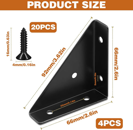 4Pcs Corner Bracket Black Angle Bracket Corner Brace, Metal Corner Brackets Triangle Corner Shelf Bracket, 66mm × 66mm Corner Braces for Wood, Table Cabinet Bed Corner Support Connector with Screws