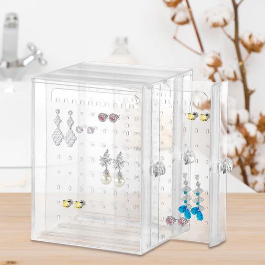 Clear Acrylic Jewelry Storage Box - Earring Display Stand Holder with 3 Vertical Slide-Out Drawers, 216 Earring Holes & 36 Necklace Grooves