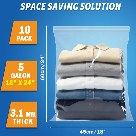 Extra Large Storage Bags - Zipper Seal, 3.1-mil Thick, Heavy Duty, 5 Gallon 18" x 24", Jumbo Plastic Bags for Clothes, Travel, Moving, Large Reusable Freezer Bags, BPA-Free (10 Count)