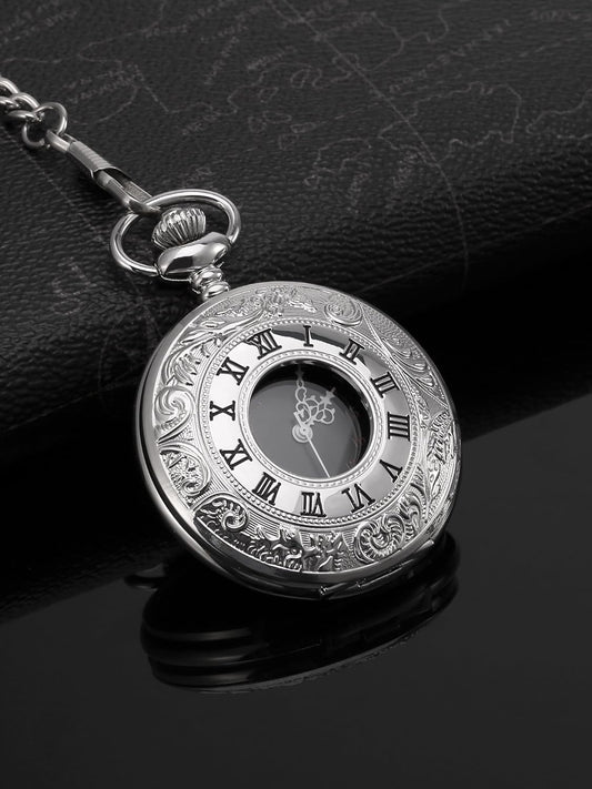 Vintage Pocket Watch Steel Men Watch with Chain (Silver)