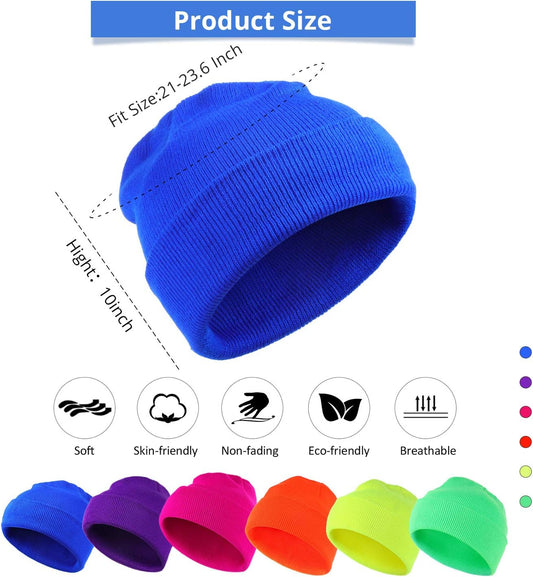 6 Pieces Neon Beanie Hat Acrylic Watch Winter Hat Plain Knit Long Skullcap Fisherman Beanie Unisex, Medium