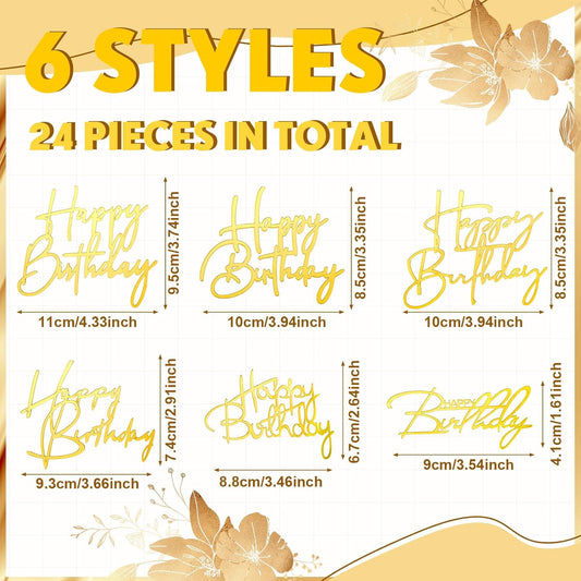 24 Pieces Gold Happy Birthday Cake Toppers Mirror Acrylic Cupcake Topper Happy Birthday Sign for Cake Side Cupcake Decorations, 6 Styles