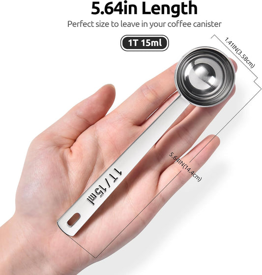 Coffee Scoop 1 Tablespoon: 18/8 Stainless Steel Measuring Scooper for Ground Coffee, Bean, Powder, Espresso, 4.3in Long Handle Metal Measure Spoon for Canister, Jar (1Tbsp/15ml)