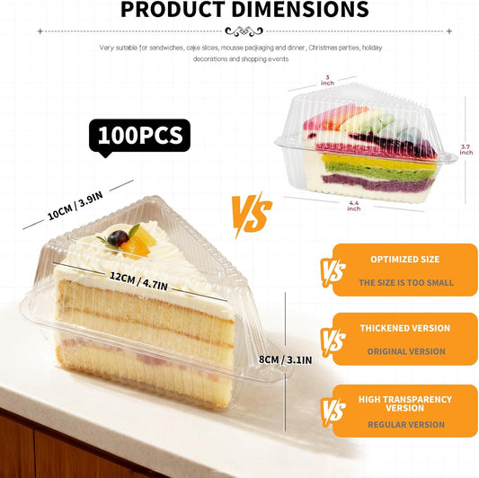 100Pcs Cake Slice Containers,Pie Slice Containers for 6”-8” Diameter Cake or Pie Slices,Individual Cheesecake Containers,Plastic Boxes for Take Out Packaging, Bakery and Cafe Cake Carriers