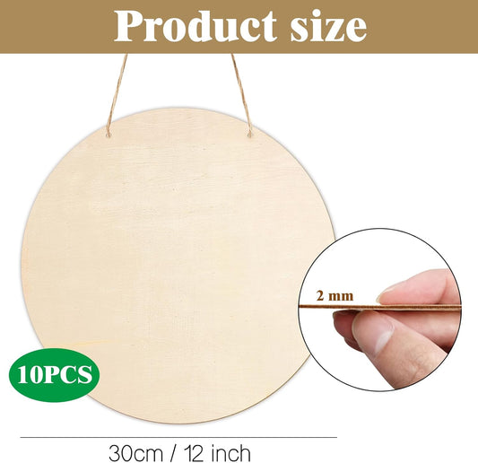 10Pcs Thickened Wood Circles for Crafts with Holes,12" Unfinished Wood Rounds Discs with Twine,Wooden Round Circles for Door Hanger,Blank Wooden Signs for Painting,Wood Burning