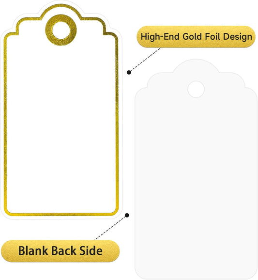 Gift Tags with String - 100Pcs Gold Foil Metallic Gift Bag Tags Personalized White Blank Hanging Paper Label Tag for Baby Shower Birthday Party Wedding Christmas Favor Present