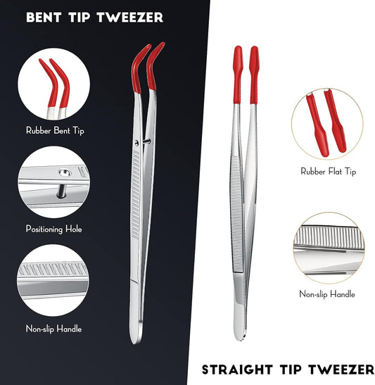 2 Piece Tweezers with Rubber Tips Set - Bent and Straight Flat Tips Tweezers PVC Coated for Stamp Coins Jewelry Crafts, Electronics(Silver, Red)