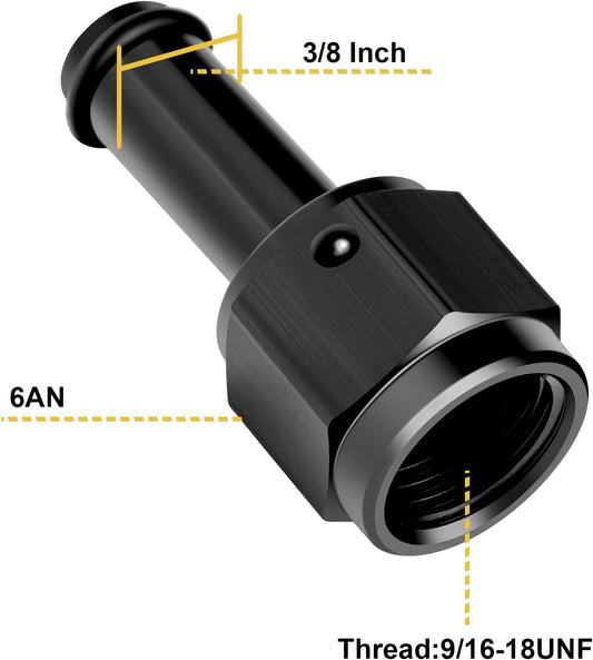 6AN Female to 3/8 Barb Fitting Adapter Straight Swivel Aluminum, Adapters Straight Black Anodized 2PCS