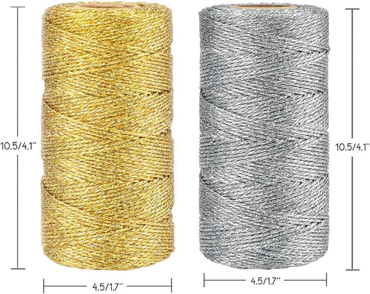 Gold Silver Twine String - 656Ft 1.5MM Christmas Twine String Metallic Gold and Silver Glitter Bakers Twines Strings for Crafts Ornament Gift Wrapping Christmas Holiday Home Decoration