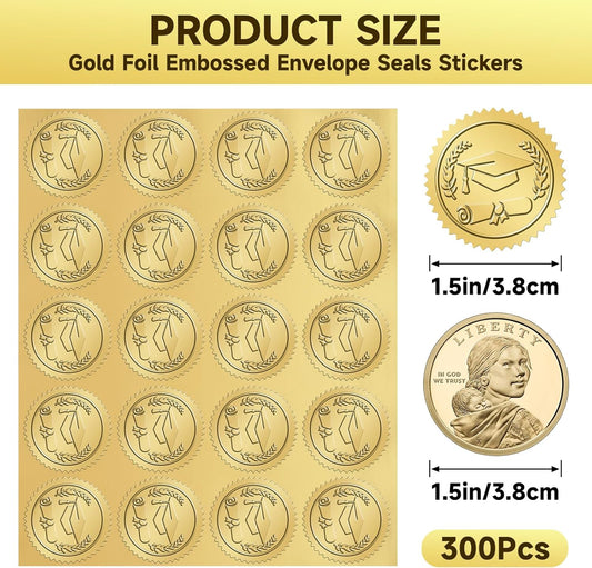300Pcs Graduation Stickers 2026 - Gold Foil Embossed Graduation Cap Hat Stickers 1.5In Class of 2026 Stickers Self-Adhesive Graduation Envelope Seal Sticker for Certificate Envelope Card Party