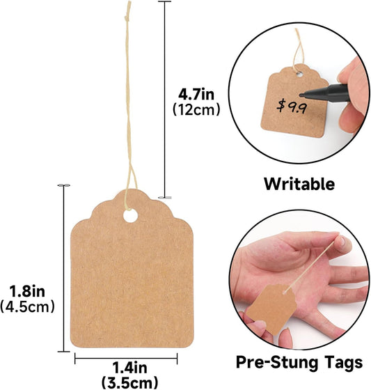 500Pcs Blank Tags with String, Brown Price Tags, 1.8x1.4Inch Kraft Paper Hangingtag for Small Business, Clothes Tag for Selling, Small Retail Marking Label, Writable Sales Tag for Jewelry