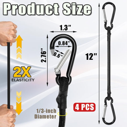 4 Pack Bungee Cords with Carabiner Outdoor Climbing Bounce Rope Elastic Tie Down Straps with Hooks Mini Short Bungee Straps Dual-Hook Design for Tents Cargo Kayak Boat Luggage (Black-12)