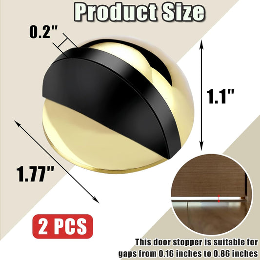 Drill-Free Floor Mounted Door Stoppers 3M Adhesive Self Adhesive Door Stoppers with Black Rubber Bumper Tips Floor Mount Half Dome Door Stopper for Office Bedroom Living Room Shower Room (Gold-2Pcs)