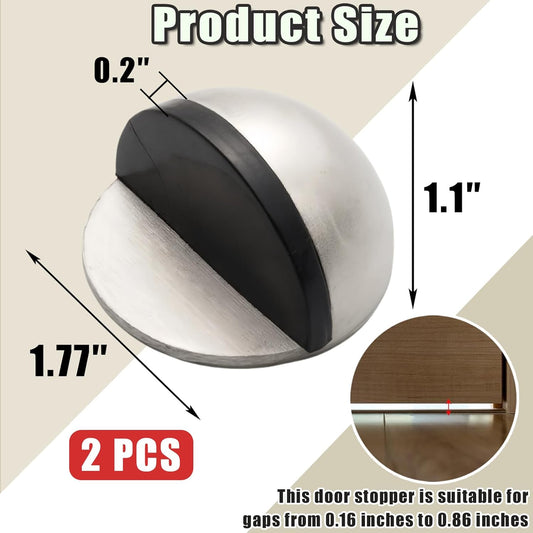 Drill-Free Floor Mounted Door Stoppers 3M Adhesive Self Adhesive Door Stoppers with Black Rubber Bumper Tips Floor Mount Half Dome Door Stopper for Office Bedroom Living Room Shower Room (Silver-2Pcs)