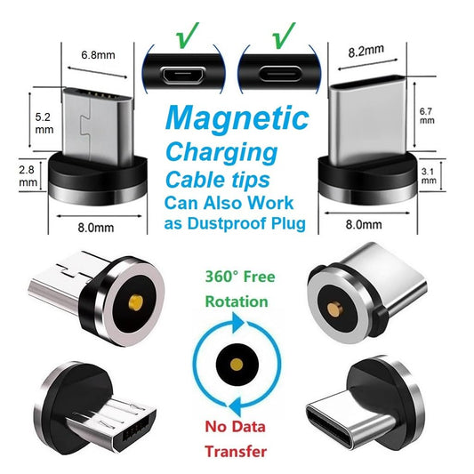 2in1 10pcs Magnetic Charging Tips, 360 Rotate Tips for USB-C/Micro Ports, Water-dustproof, No Cord, Non-Data
