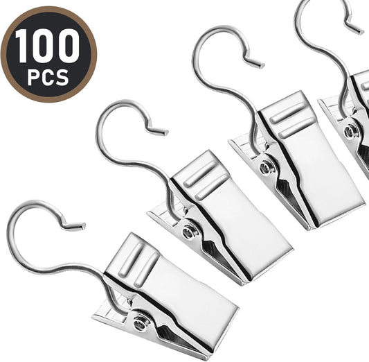 Small Hanging Clip for Curtains - 100 Pack Camper Awning Lights Clips with Light Hanger Hooks, Best for Camp Tent Photo Display Indoor Outdoor Decoration(Silver)