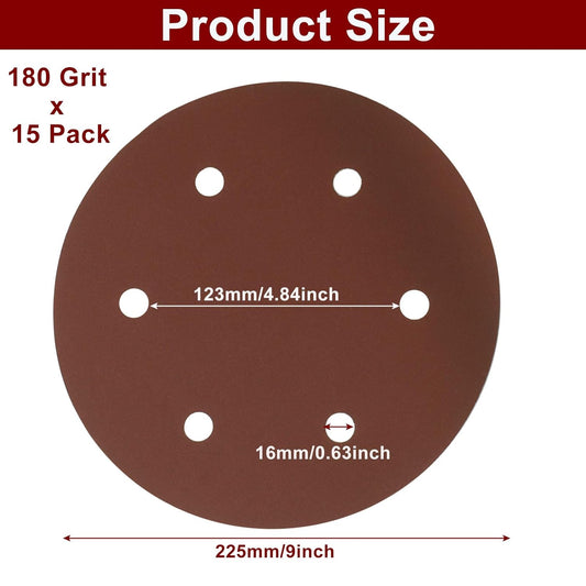 15 Pack 9 Inch 6 Hole Sanding Discs, 180 Grit Hook and Loop Sandpaper, Drywall Sanding Pads for Drywall Sander/Home Improvement Enthusiasts
