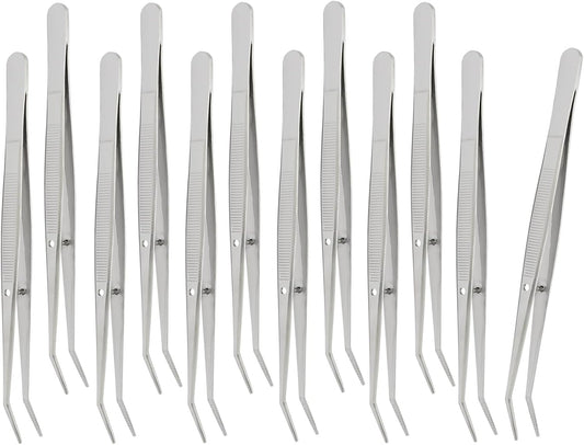 12 Pcs Stainless Steel Tweezers, 6" Sewing Tweezers with Curved Serrated Tip for Crafting, Multipurpose Curved Tip Forceps for Jewelry Making, Eyelash Extension, Precision Grip (Silver)