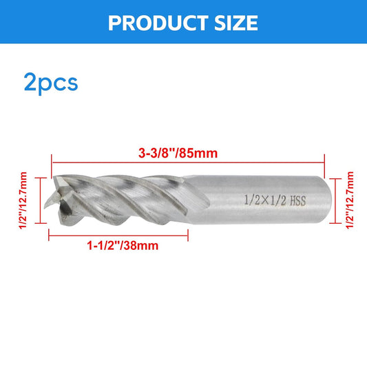 Square End Mill 1/2" Cutting Dia x 1/2" Shank Dia 4 Flute Straight End Mill Cutter - 2pcs