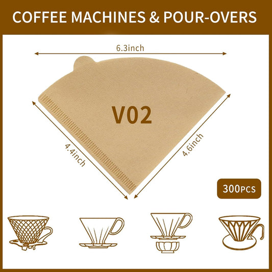 V60 Coffee Filters, 300 Count Size 02 Pour Over Coffee Filter, 1-4 Cups Disposable Cone Paper Coffee Filters 2, Compatible with Conical Shaped Dripper and Drip Coffee Maker (Natural)