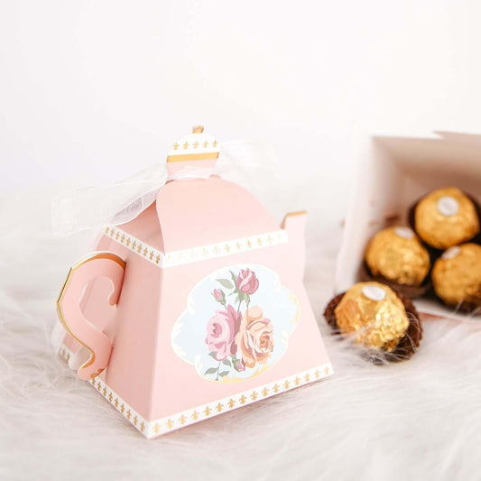 Efavormart 25 Pack 4" Mini Teapot Favor Boxes with Ribbon, Dusty Rose Cardstock Tea Time Gift Containers for Weddings, Birthdays, Bridal Showers, and Event Decoration