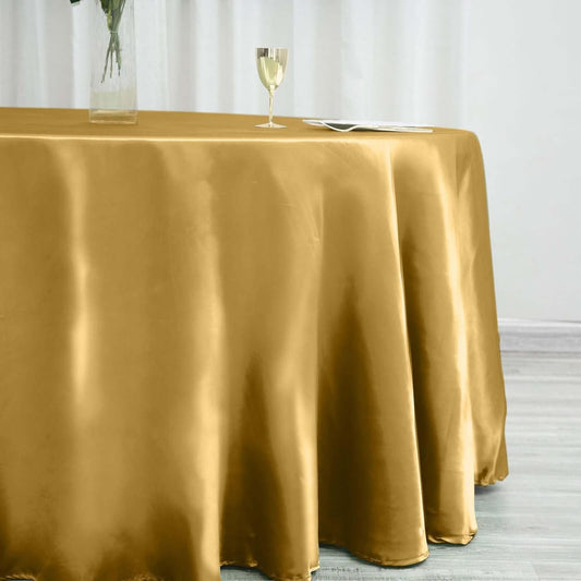 Efavormart 120 Inch Satin Round Tablecloth, Washable Linen Table Cover, Decorative Silky Fabric for Wedding, Party, Banquet Events - Gold