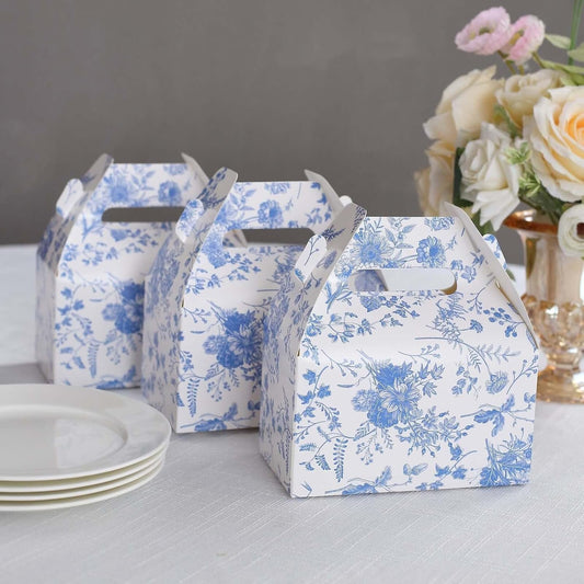Efavormart 25 Pack White Blue Party Favor Gift Tote Gable Boxes with Chinoiserie Floral Print, Candy Treat Boxes - 6"x3.5"x7"