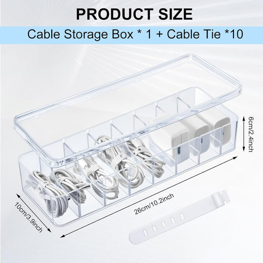 1 Pcs Cable Organizer Box with Wire Ties, Plastic Cord Storage Box with Lid, Electronics Organizer for Home Office Desk Organizers and Accessories (Clear)