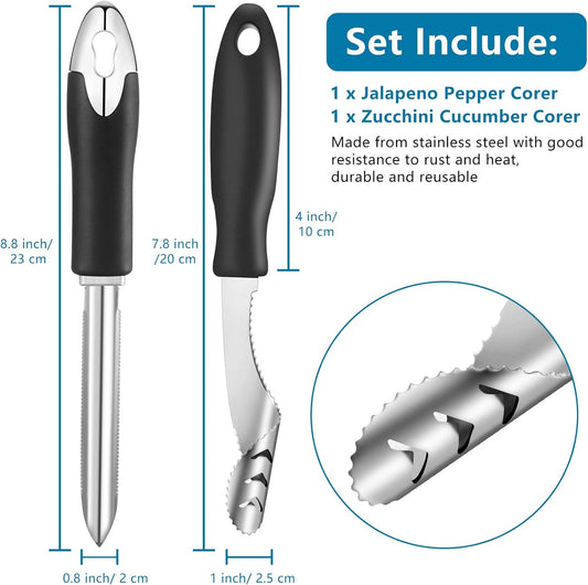 2 Pieces Jalapeno Pepper Corer Zucchini Cucumber Corer Remover with Serrated Slice and Rubber Handle Seed Remover or Slice Off Vegetables Tops for Kitchen