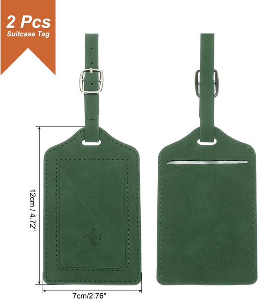 2 Pcs Suitcase Tags, Green Leather Luggage Name Tags Travel Accessories Airplane Travel Essentials for Flying Hotel Check in Luggage Bags Men Women, 4.72 x 2.76 x 0.08