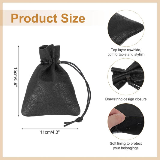 1 Pcs Drawstring Bag, Leather Coin Purse, Change Purse for Women, Men's Leather Bag, for Jewelry, Keys, Coin Storage(Black)