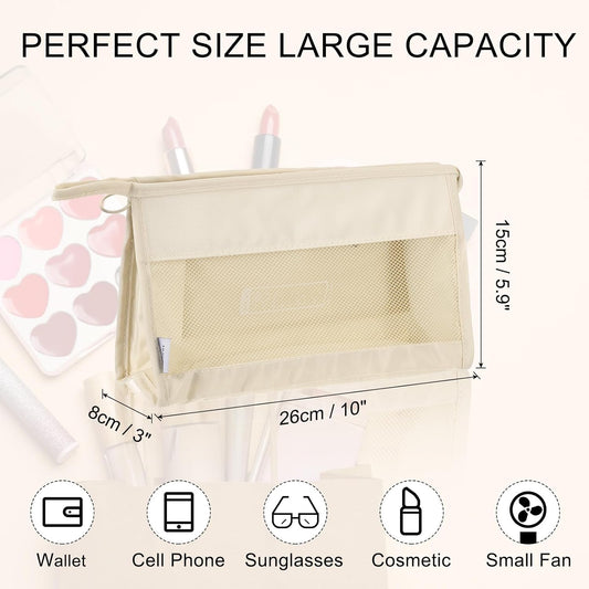 Mesh Makeup Bag, Large Capacity Travel Zipper Cosmetic Bags, Beach Mesh Toiletry Pouches Purse Storage Organizer for Women Girls, Cream