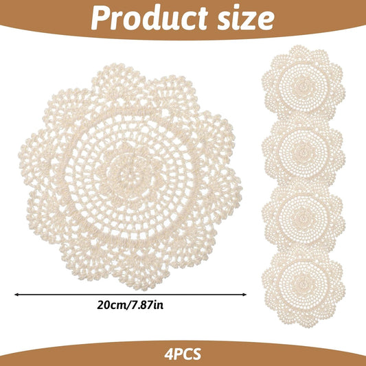 4 Pcs Cotton Lace Doilies Vintage Crochet Doilies 7.8 Inch Round Cotton Handmade Lace Cloth Fabric Placemats Doily for Tables Kitchen Dining Room Dessert Coasters Wedding Birthday Party Decoration