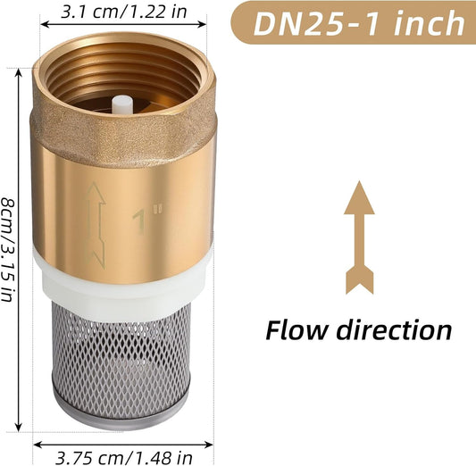 1" Foot Valve, Brass Heavy Duty Check Valve with Filter One Way Valves Female Connection Backflow Preventer Bottom Valves for Water Pump, Wells, Irrigation