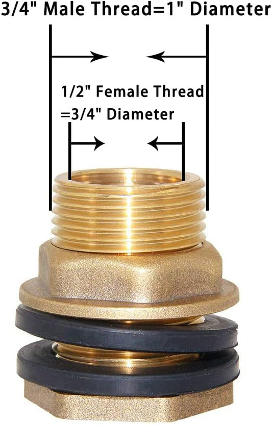 1/2" Female 3/4" Male Soild Brass Water Tank Connector Theaded Bulkhead Fitting With 2 Rubber Rings Stablizing