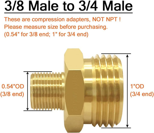 2PCS 3/4 GHT Male to 3/8 Compression Male Thread Adapter Pipe Fitting, Brass Reducer Faucet Connector Water Hose Adapter, Supply Line to Garden Hose Adapter for RV Kitchen Bathroom Plumbing