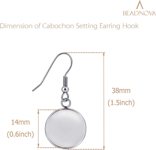 Earring Kit 30pcs Blank Ear Wire Hook 14mm Stainless Steel Cabochon Setting Earring Bezel with Rubber Backs for Cabochon Resin DIY Earwire Making (14mm, 30pcs)