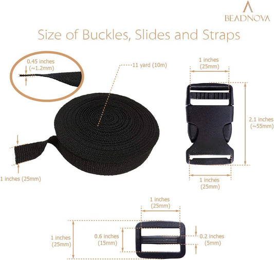 Plastic Buckle Kit Nylon Strap with Quick Release Buckle 12 Sets 1 Inch and Tri-Glide Slides with 11 Yards Nylon Strapping 1 Inch (Black)