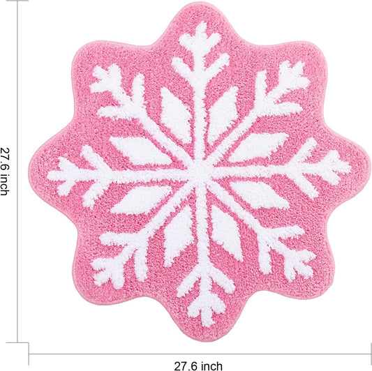 Pink Christmas Decor Snowflake Bathroom Rug, Snowflake Welcome Mat Non Slip Round Shaped Washable Bathtub Rug Bathroom Tub Kitchen Rug Decoration