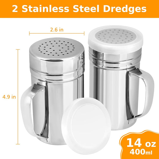 2pcs Stainless Steel Dredge, Salt Pepper Dredge Shakers with Handle, Seasonings Spice Shakers with Lid, 14 Ounce